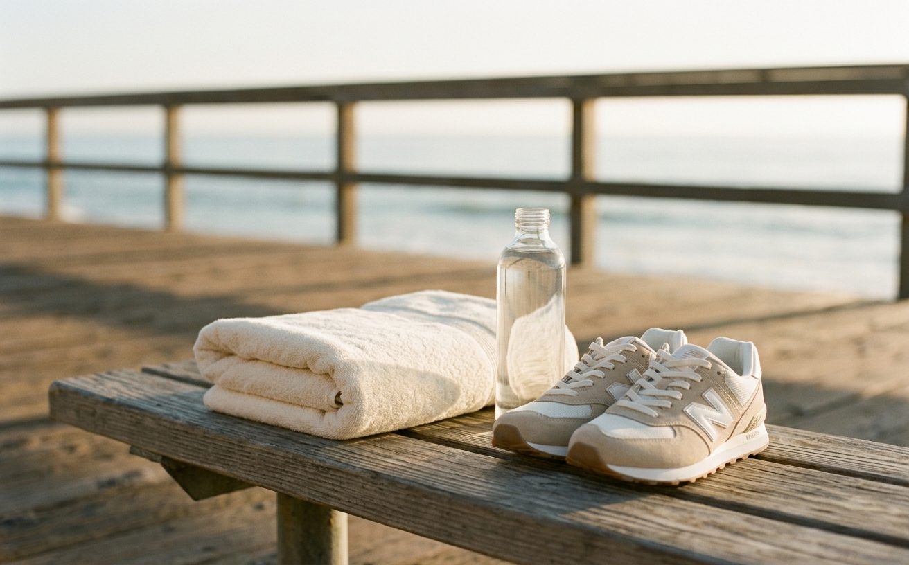 Towel, water bottle and running shoes on a boardwalk bench