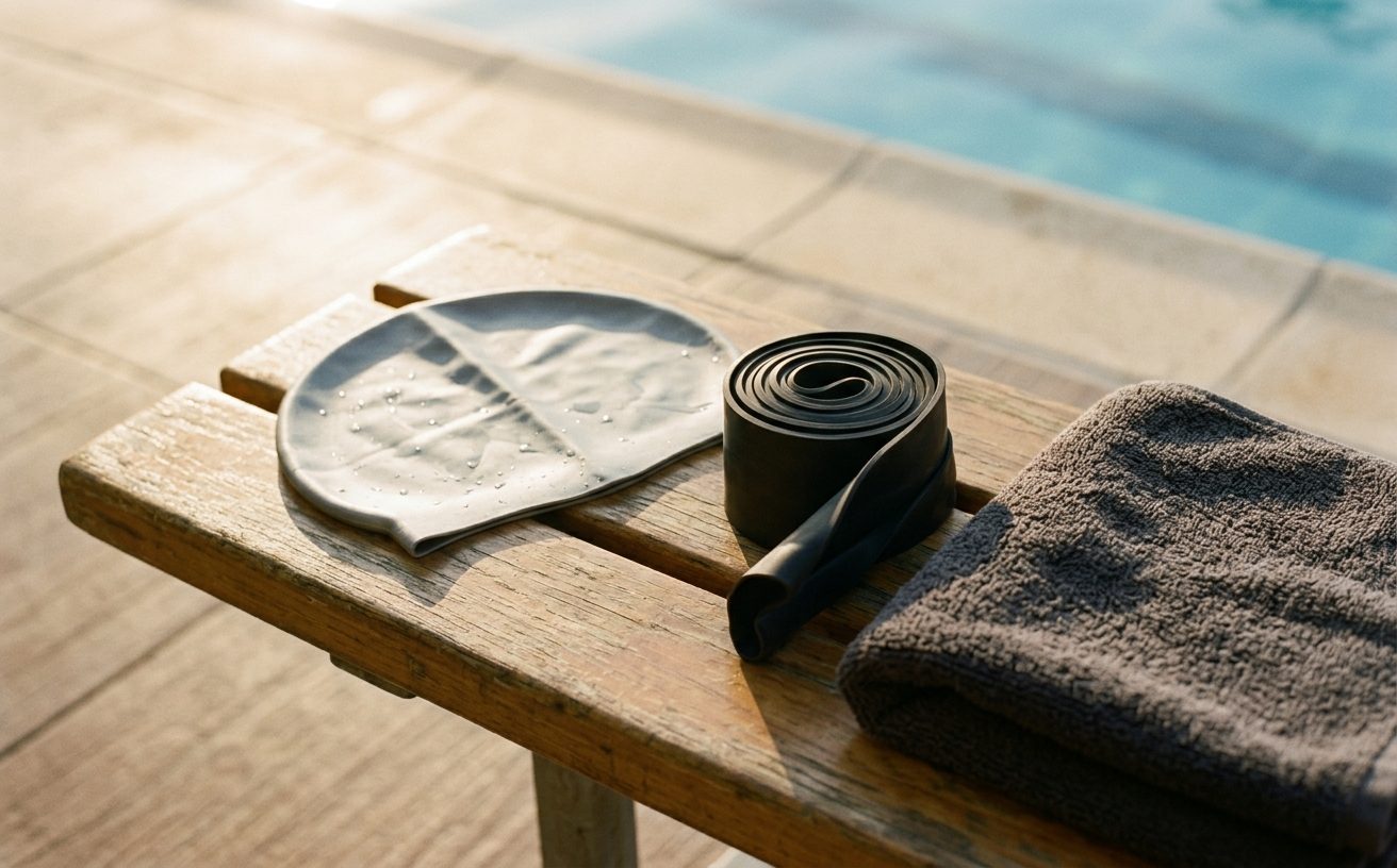 Swim cap, resistance band and towel on a poolside bench