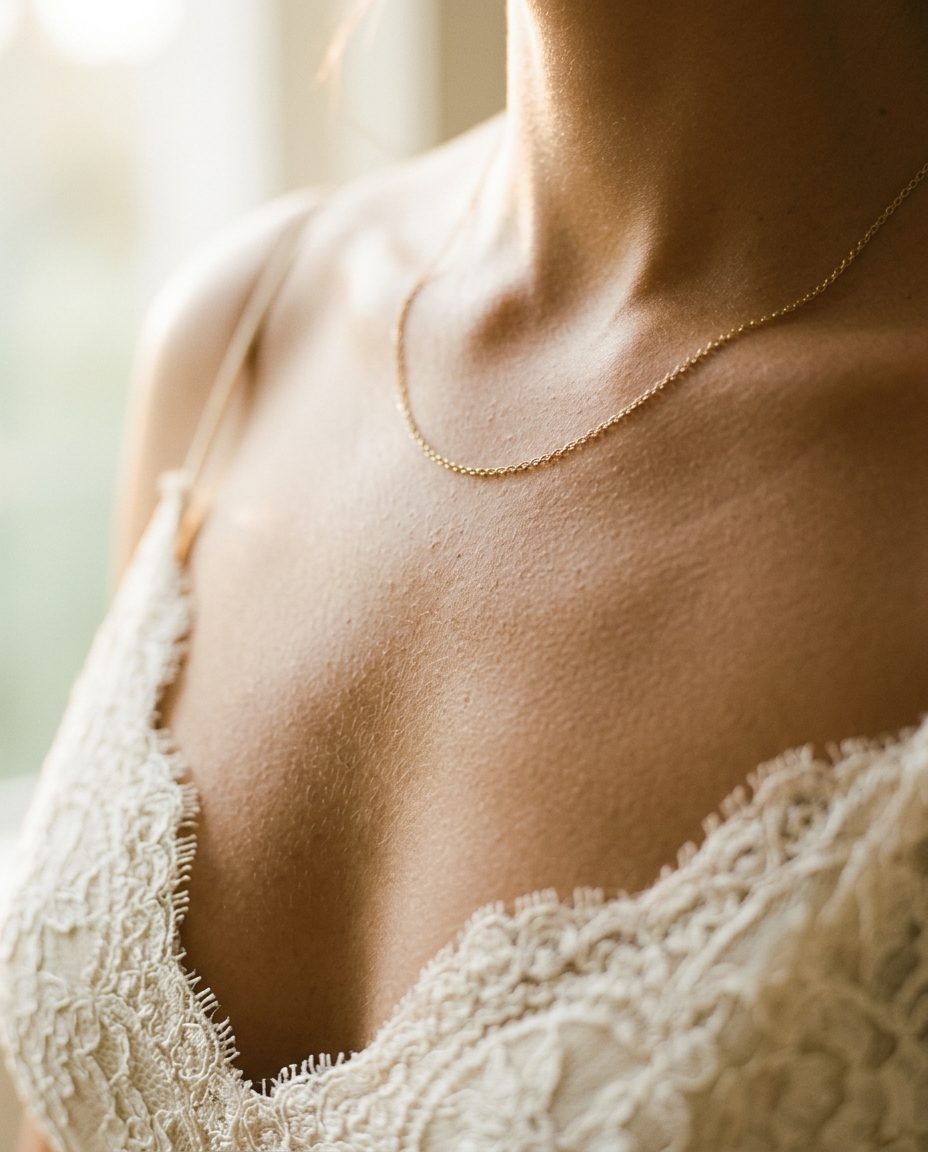 Bronzed collarbone with a fine gold necklace and ivory lace