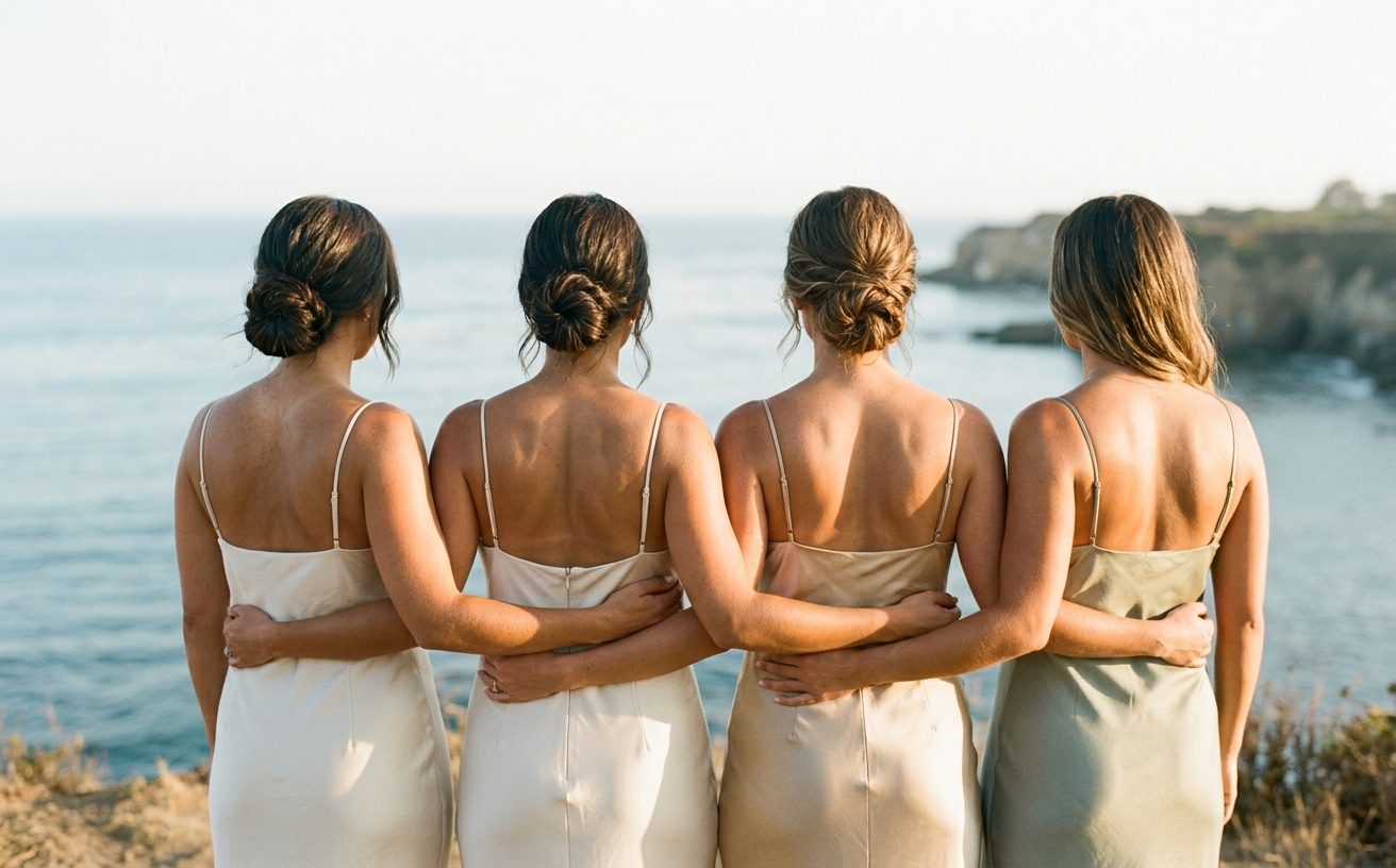 Four bridesmaids arm in arm above the Pacific