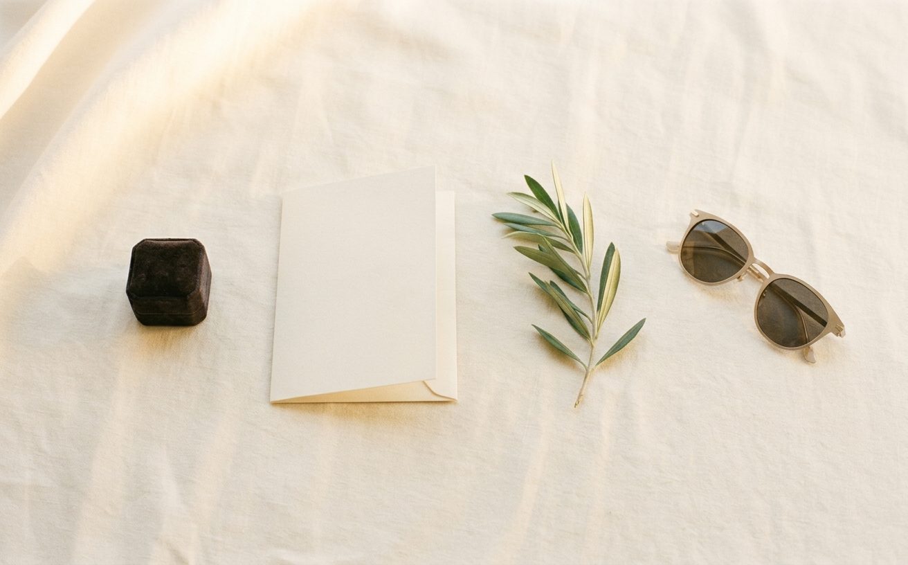 Ring box, blank invitation, olive sprig and sunglasses on linen
