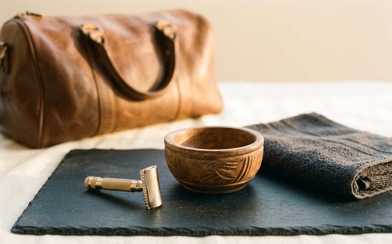 Safety razor, wooden bowl and charcoal towel on slate
