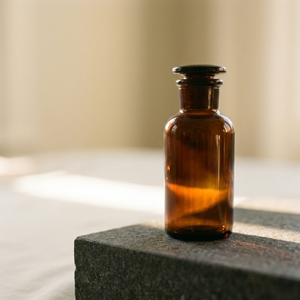 Amber formula bottle on a charcoal plinth