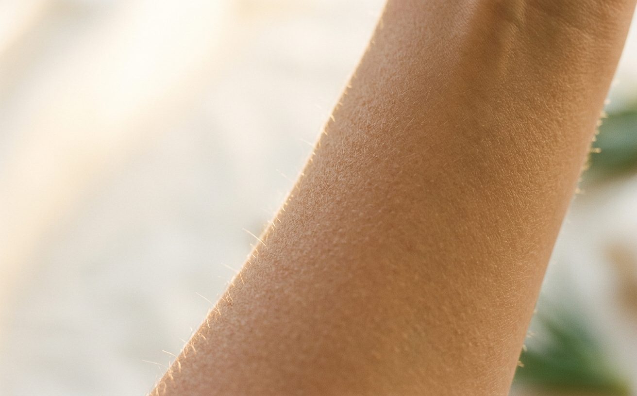 Close detail of evenly developed bronze on skin in warm daylight