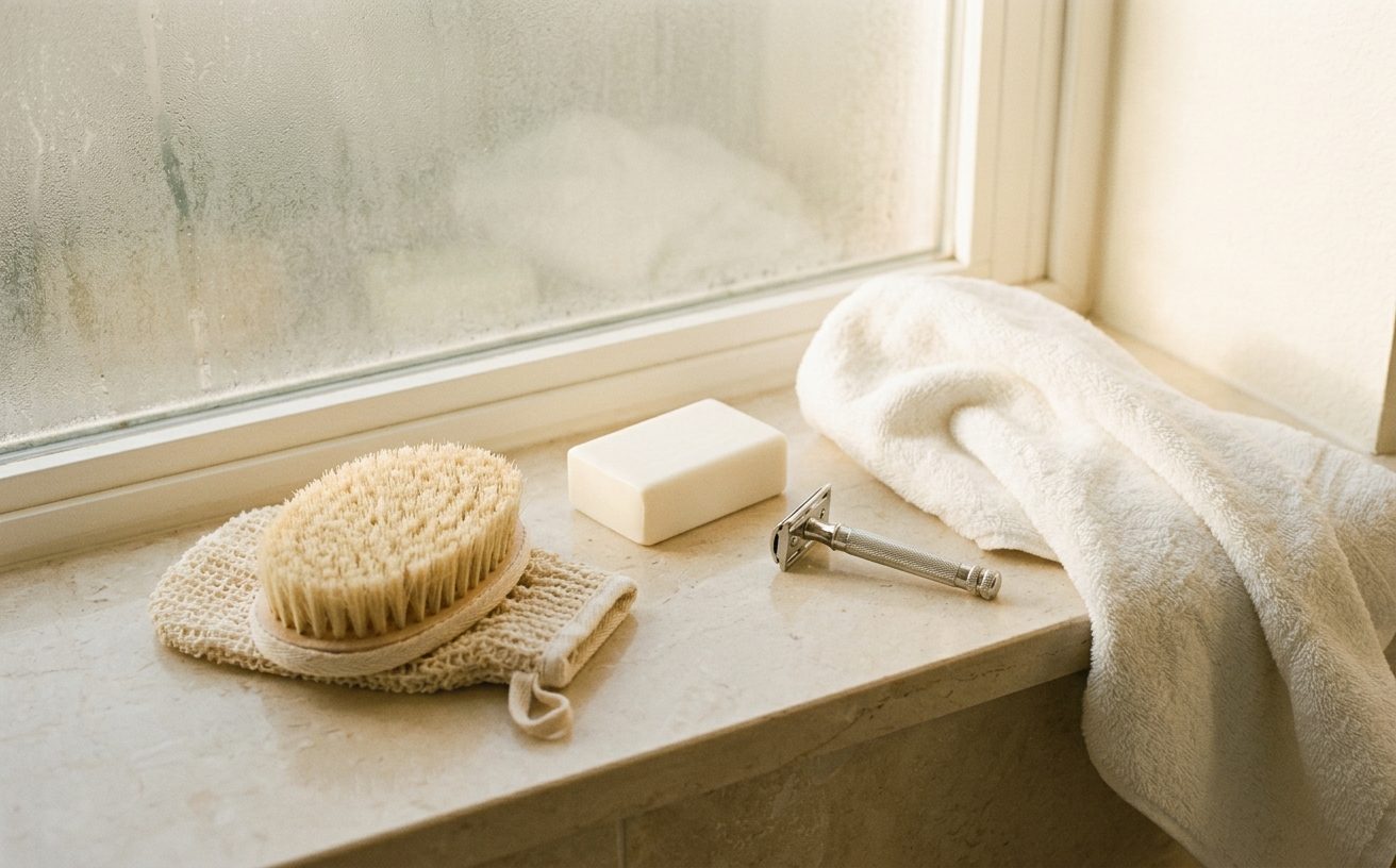 Exfoliating brush, soap and razor on a stone sill by a steamed window