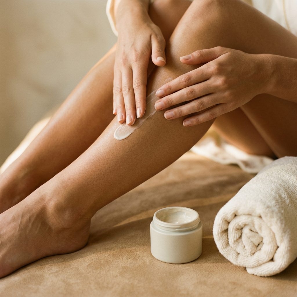 Hands smoothing moisturizer onto a bronzed leg