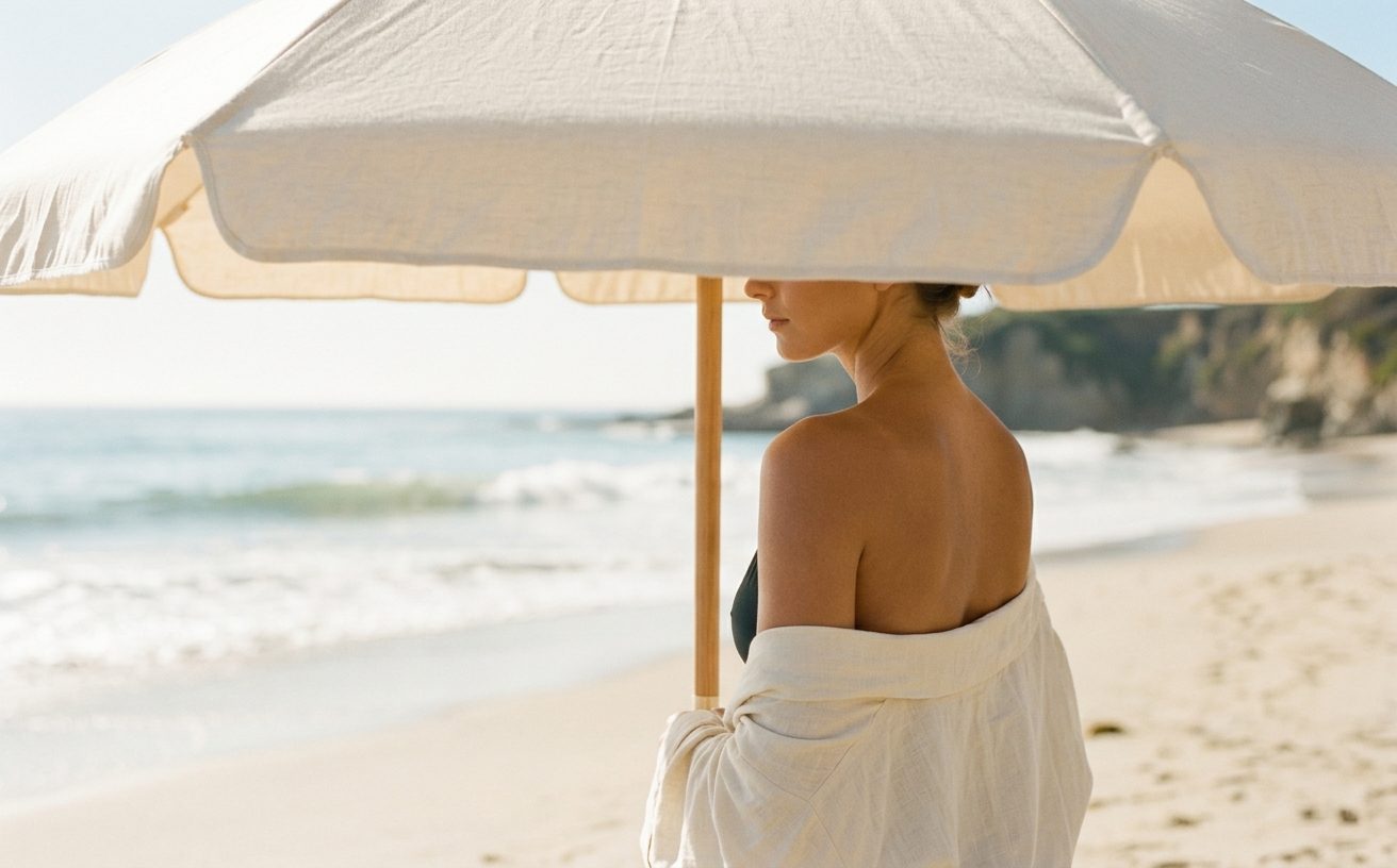 Woman under a linen beach umbrella on the Santa Cruz coast