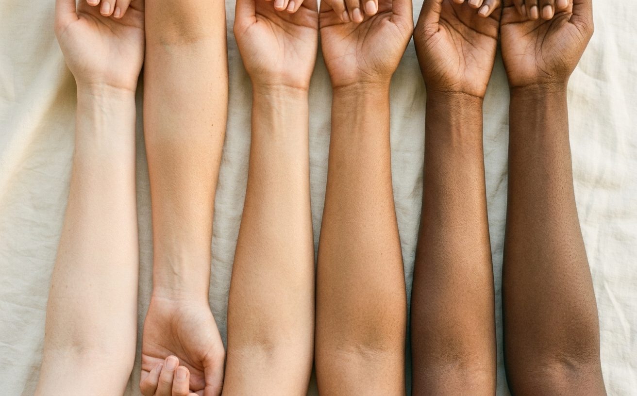 Six forearms across a range of skin tones on cream linen