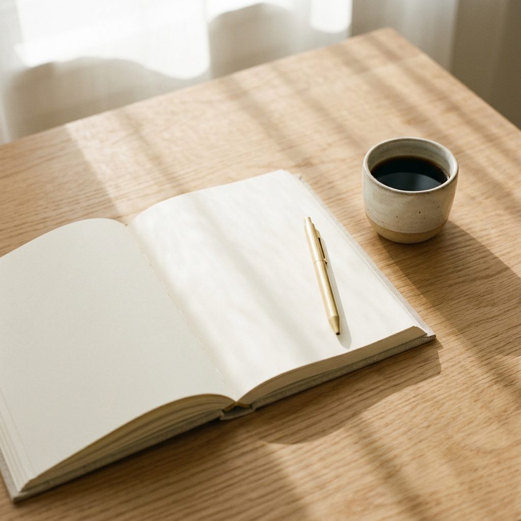 Open planner, brass pen and coffee on an oak desk