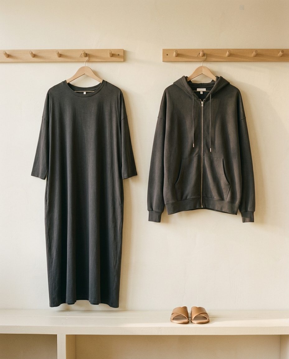 Loose dark dress and hoodie hung on a peg rail with sandals