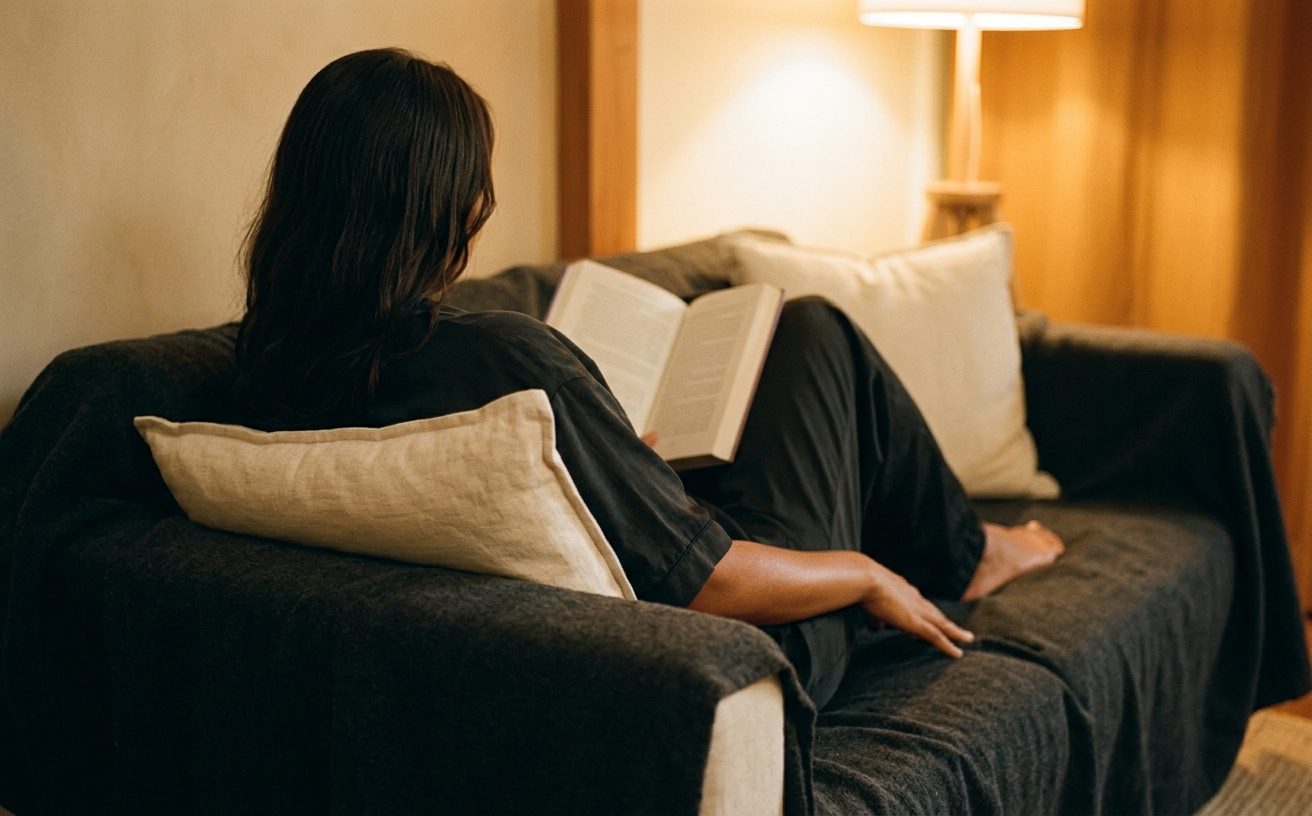 Woman in dark loungewear reading on a sofa in evening lamplight